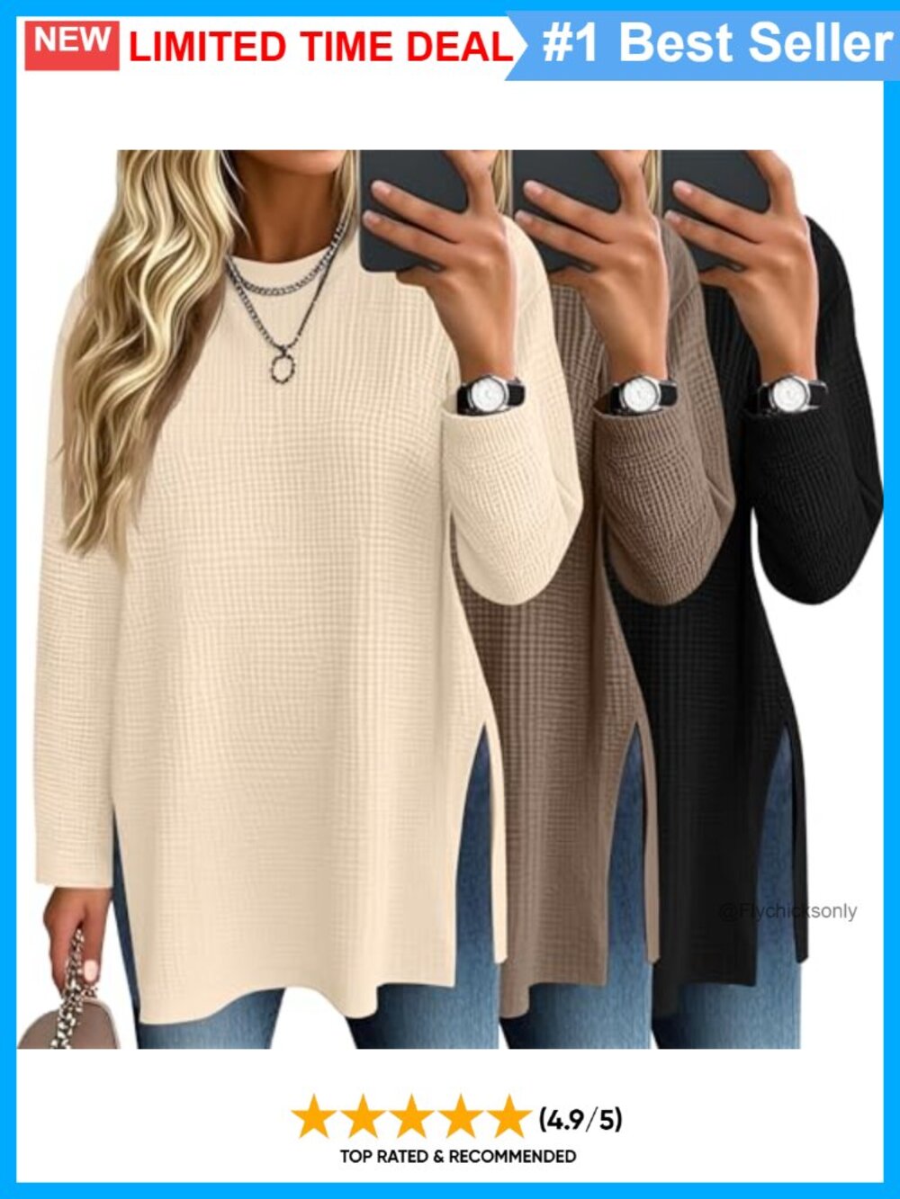 Womens Waffle Knit Long Sleeve Oversized T-Shirt 3 Pack Crew Neck Side Slit